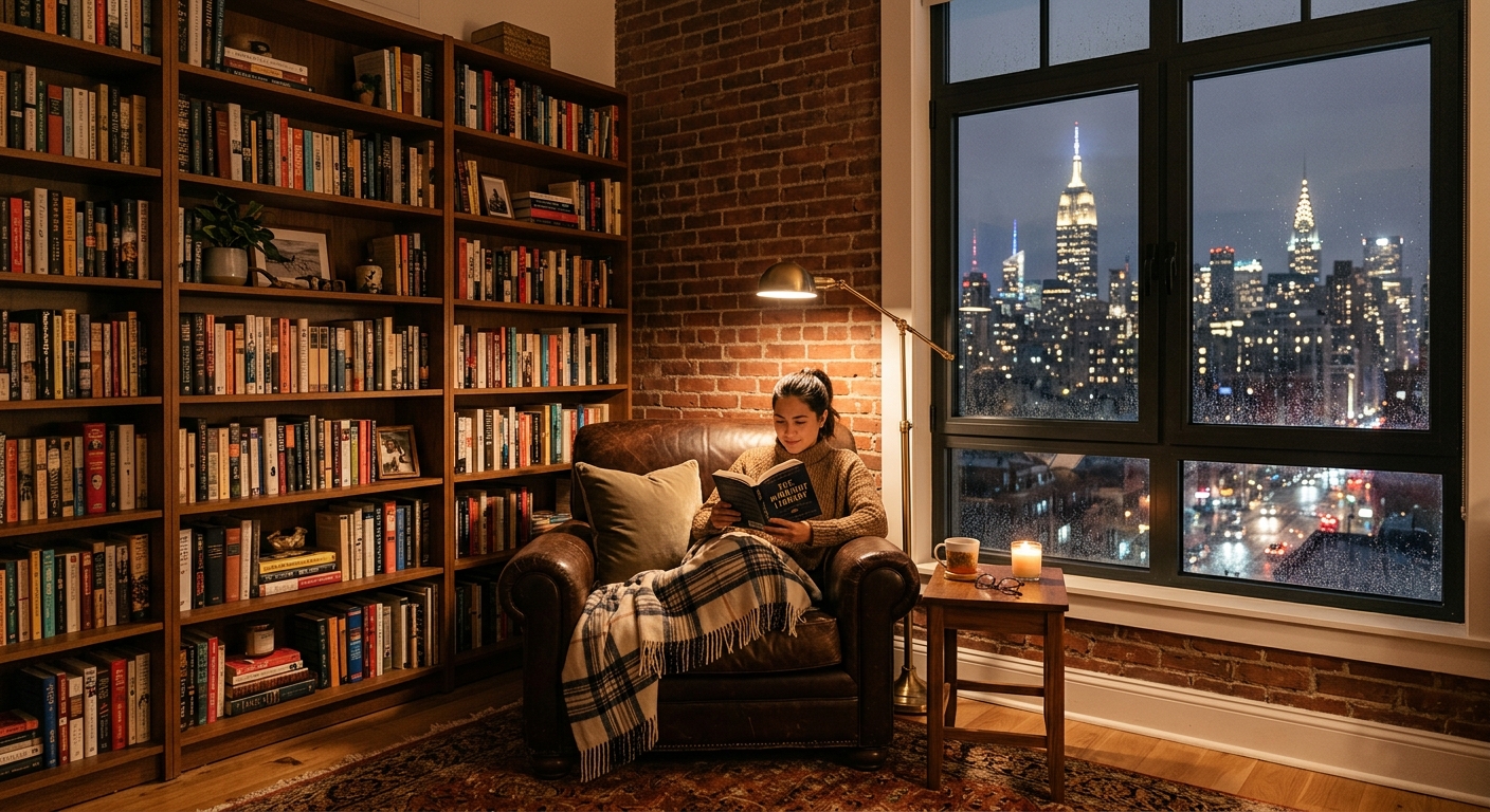Coin lecture cosy dans un appartement style New York avec mur de briques et bibliothèque