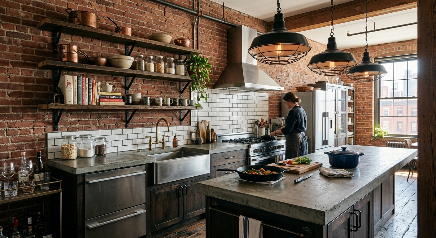 Cuisine industrielle style New York avec briques apparentes et luminaires en métal