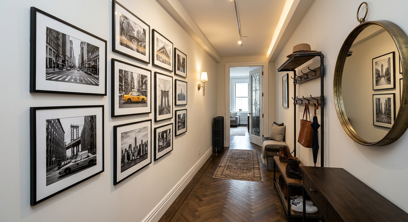 Entrée d'appartement style new-yorkais avec parquet chevron et miroir industriel