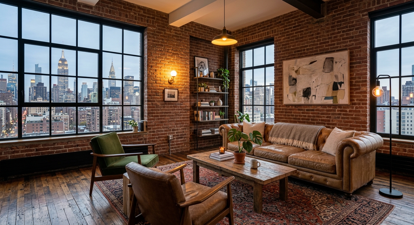 Salon loft avec structures métalliques apparentes et mobilier industriel new-yorkais