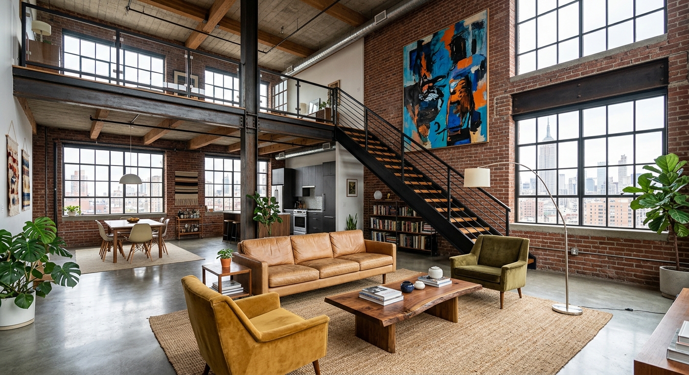 Loft new-yorkais open space avec verrière industrielle et double hauteur